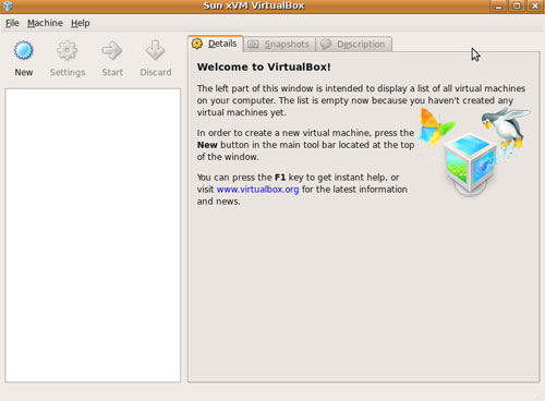 VirtualBox Main Screen VirtualBox Main Screen